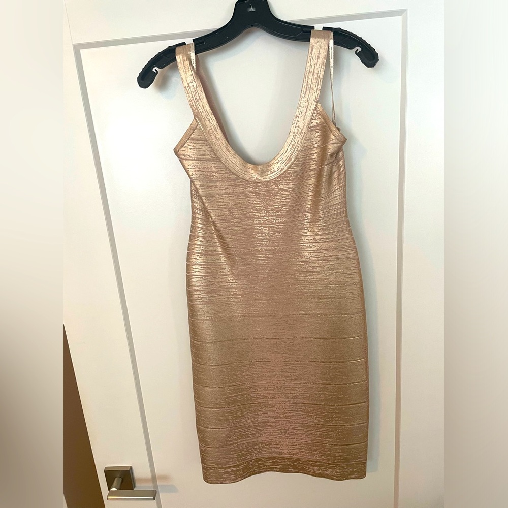 Herve Leger Rose Gold Foil Mini Bandage Dress